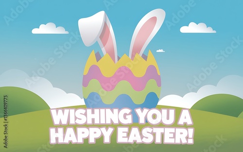 A vibrant Easter scene with a large colorful egg featuring wavy patterns in blue pink yellow purple, with bunny ears emerging, set against a serene landscape and 'Wishing you a Happy Easter!' message
