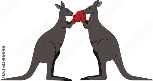 Two playful kangaroos engaging in a boxing match with red gloves in a minimalistic flat design vector art