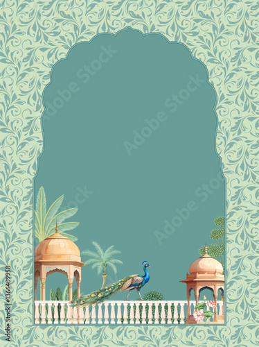 Traditional Mughal wedding invitation. Mughal wedding ceremony invitation card design.
