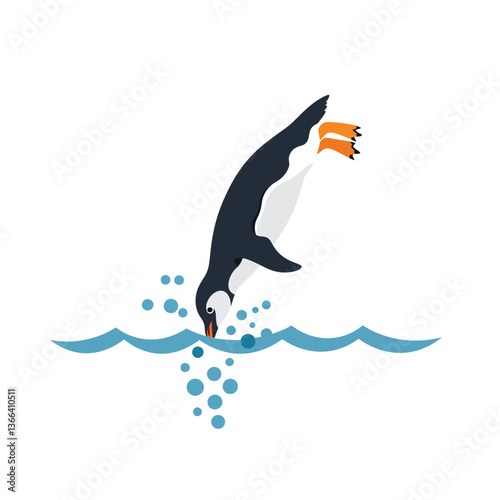 A playful penguin diving into the ocean with splashes in a minimal flat design vector art
