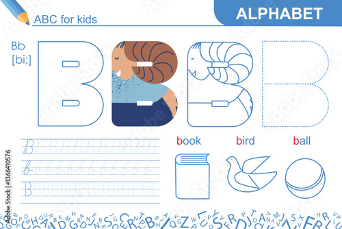 Letter B. Alphabet. Fun ABC for kids. Learning English. Writing practice and coloring task. Trace the letters. Worksheet for school or home. Sketch vector illustration