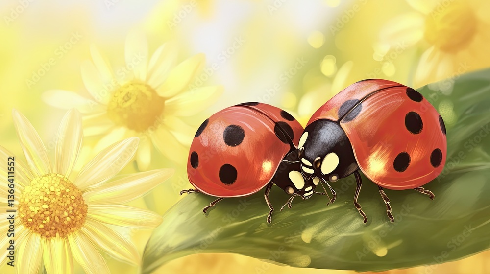 Naklejka premium Cheerful ladybugs gather on a lush green leaf, surrounded by bright and lively flowers