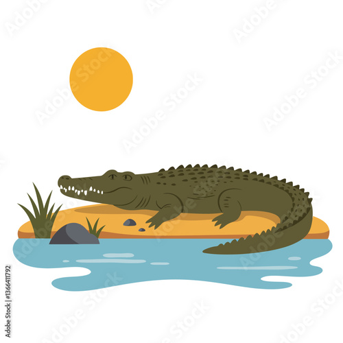 A crocodile resting on a sandy shore with green grass and a calm water setting, flat vector art