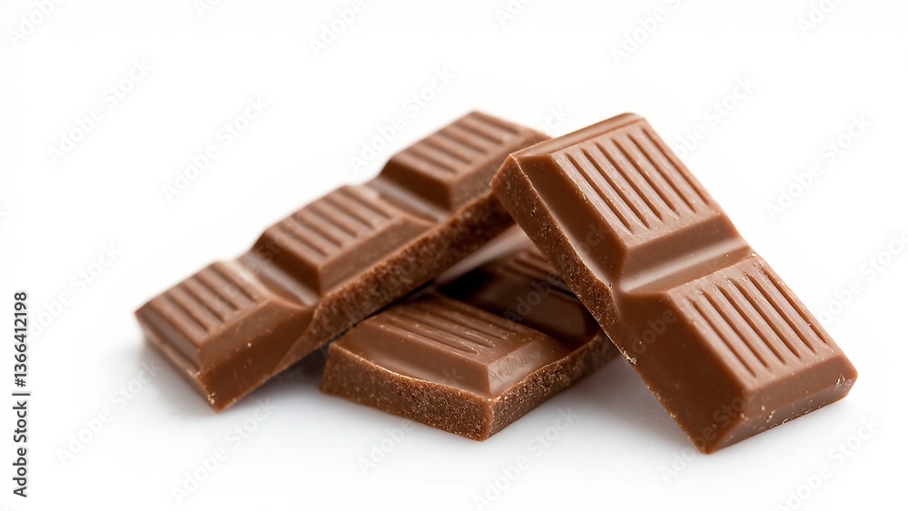 Chocolate pieces sit stacked playfully on white background showcasing texture Chocolate pieces sit stacked playfully on white background showcasing texture