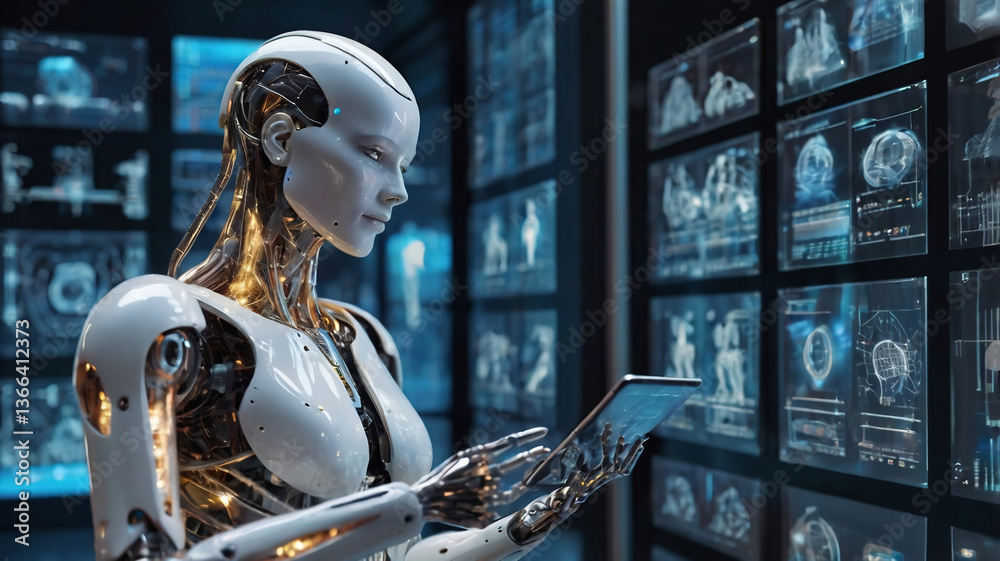 Futuristic robot artificial intelligence humanoid AI with tablet in her hand programming coding technology development and machine learning concept. in front of him are many transparent glass screens