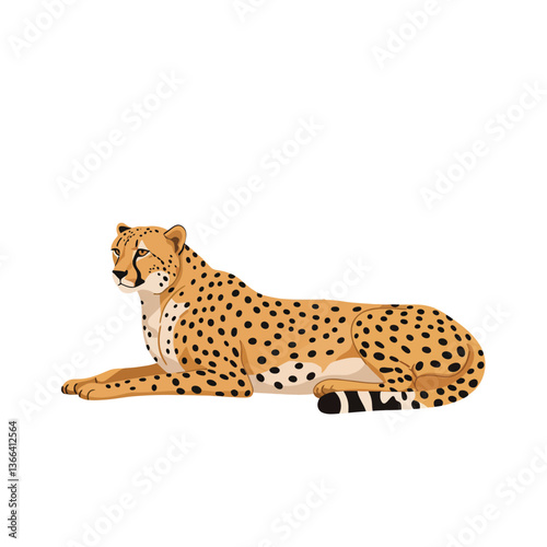 Sleek cheetah lounging gracefully on a white background in a minimal and modern design style, showcasing its distinctive spots in vibrant colors, vector illustration
