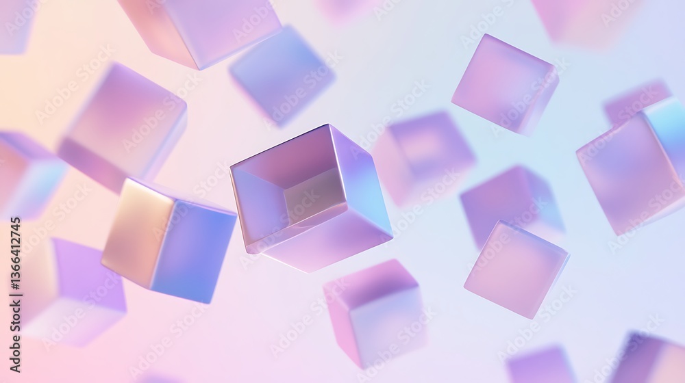 Floating abstract cubes in a serene pastel gradient environment, offering a smooth and calming atmosphere