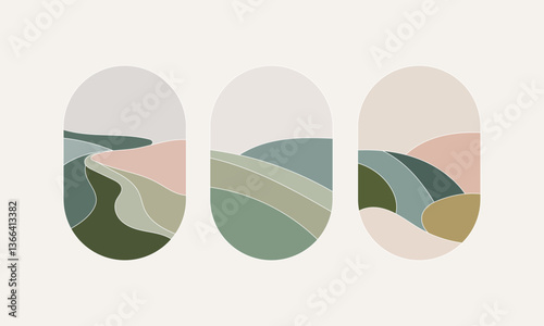 Minimal Abstract Landscape Nature Vector. A set of minimal vector illustrations featuring abstract landscapes with soft earthy tones.