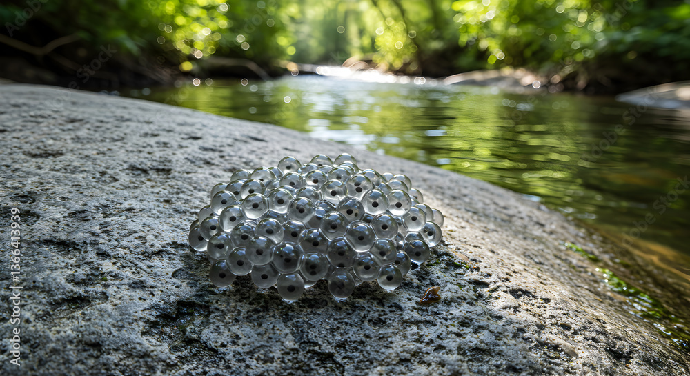Fototapeta premium Aquatic nursery: Tree frog eggs clustered on river stone, reflecting nature's wonder