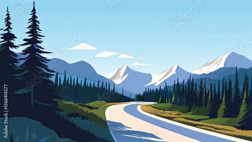 Mountain and road landscape. Road leading to mountains. Vector illustration. 