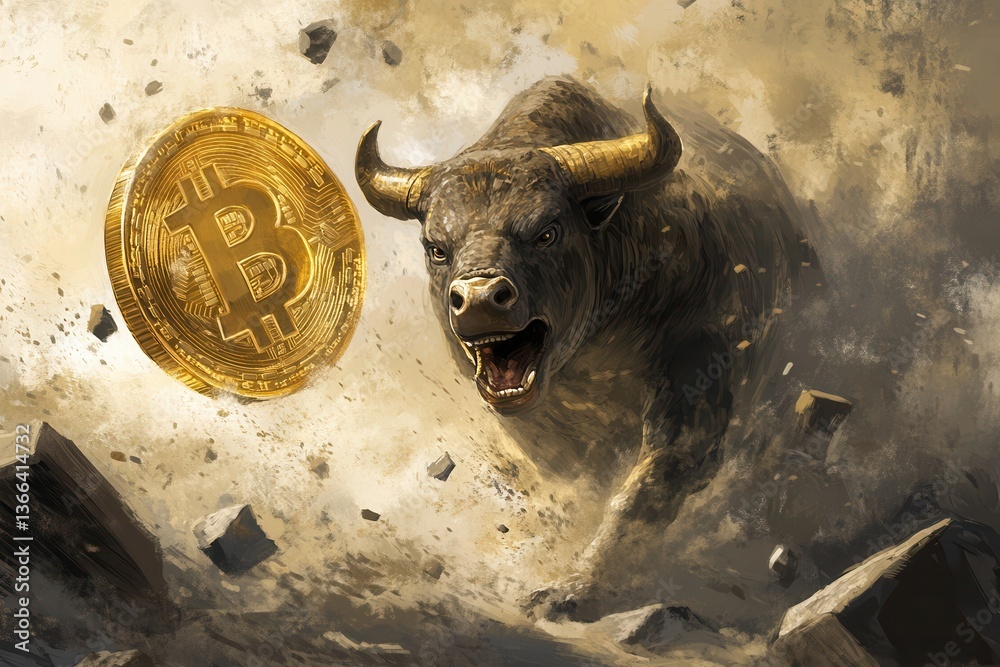 Symbolic Bitcoin Bull Run Concept Illustration. Bullish Cryptocurrency Market Trend..