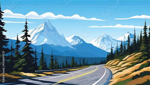 Mountain and road landscape. Road leading to mountains. Vector illustration. 