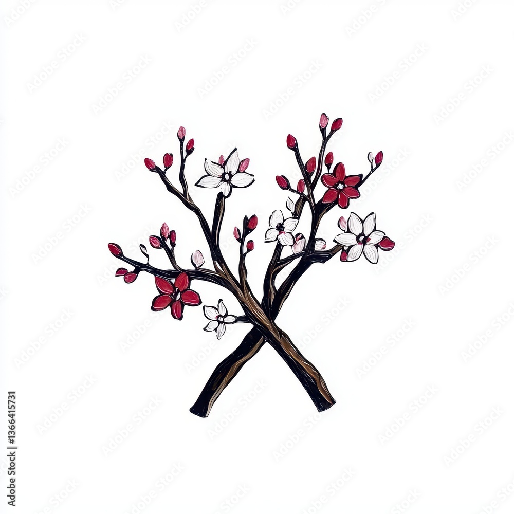Obraz premium Elegant Cross Branch Cherry Blossom Illustration