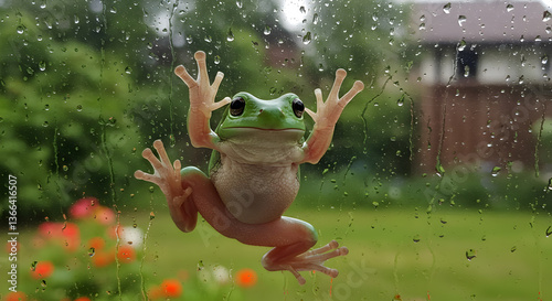 Adorable green tree frog clinging to a rain-streaked windowpane in summer