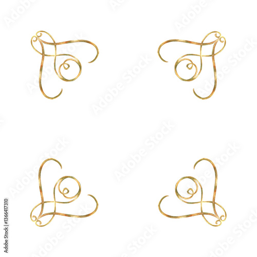 Gold curls frame of vibrant collection of ribbons. Hand-painted in watercolor with gold paint accents. Isolate frame from elements for decorating and designing textiles, interior, wallpaper, prints