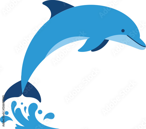 A playful dolphin leaping gracefully above ocean waves in a vibrant flat vector illustration showcasing marine life and joyful energy