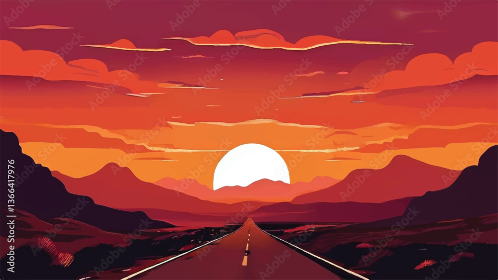 Obraz premium Road passing through a desert. Road landscape. Sunset view. Desert landscape. Vector illustration.