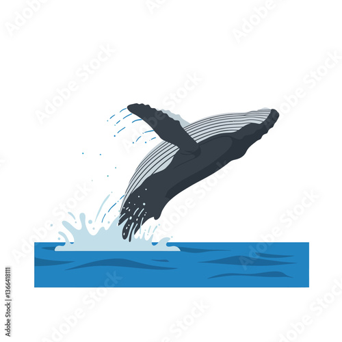 A humpback whale breaching the surface of the ocean in a dynamic flat vector illustration showcasing its majestic form and powerful splash of water