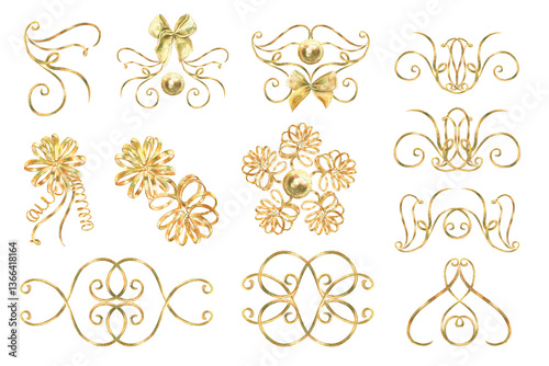 Gold vibrant collection of curls, bows, ribbons, hand-painted in watercolor with gold paint accents. Isolate elements are presented for decorating and designing textiles, interior, wallpaper, prints