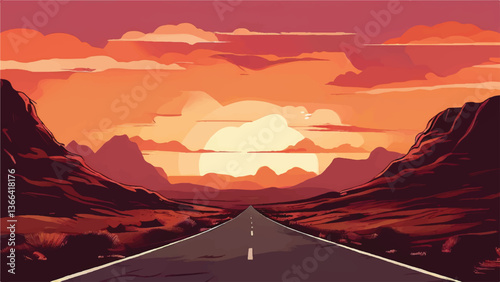 Road passing through a desert. Road landscape. Sunset view. Desert landscape. Vector illustration.