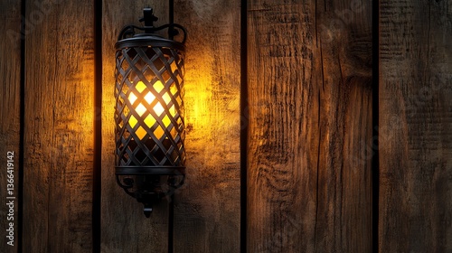 Wallpaper Mural A medieval-style wrought iron torch sconce mounted on a rustic wooden wall, casting a warm flickering glow. Intricate lattice design, aged wood texture, and golden firelight create a nostalgic, histor Torontodigital.ca
