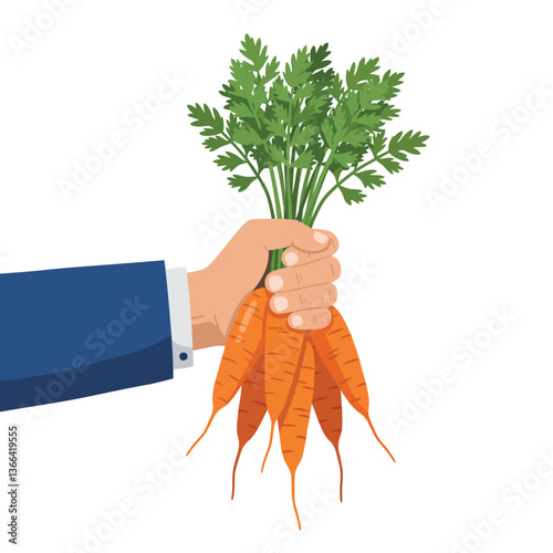 Hand holding a bunch of fresh orange carrots with green tops in a minimal vector illustration style showcasing healthy eating and organic produce