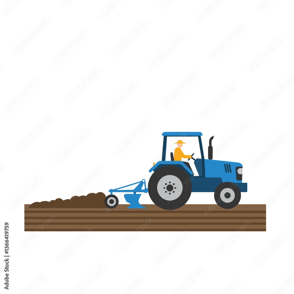 Fototapeta premium Blue tractor plowing soil in a flat, minimal style vector illustration depicting agricultural activity under bright sunlight with a farmer at work in a field.