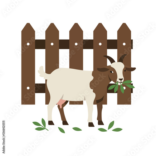 Goat standing near a wooden fence, munching on green leaves in a flat vector illustration showcasing a rural atmosphere and playful mood