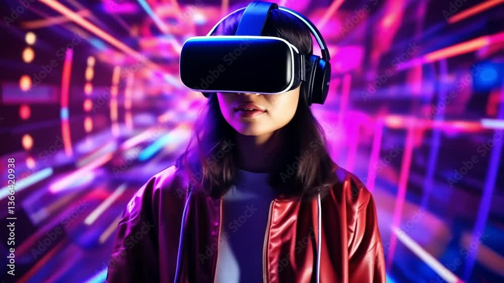 A young person explores virtual reality while wearing a headset in a dynamic, colorful space filled with lights. The atmosphere is lively and engaging, creating a captivating experience A young person explores virtual reality while wearing a headset in a dynamic, colorful space filled with lights. The atmosphere is lively and engaging, creating a captivating experience