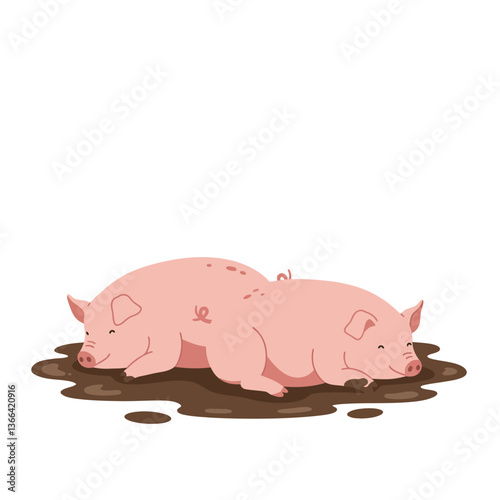 Two adorable pink pigs sleeping peacefully in a muddy puddle, showcasing a flat design style, whimsical and cheerful vector illustration