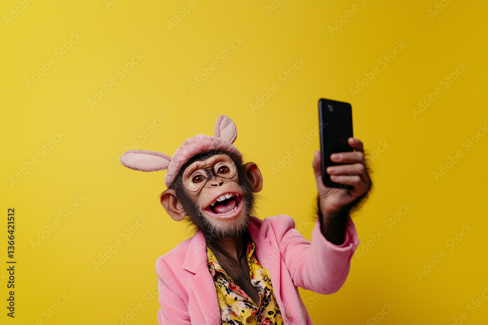 Fototapeta A stylish monkey with bunny ears joyfully takes a selfie against a yellow background, combining Easter fun with playful charm.