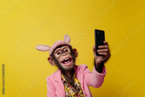 Fototapeta A stylish monkey with bunny ears joyfully takes a selfie against a yellow background, combining Easter fun with playful charm.