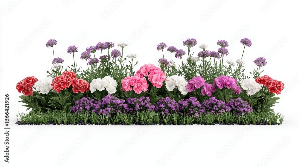 Obraz premium A vibrant arrangement of colorful flowers, including red, pink, white, and purple blooms, set against a clean background, showcasing nature's beauty.