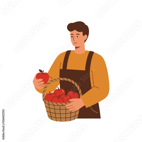 Young man in brown apron holding a basket of red apples in minimal flat vector art
