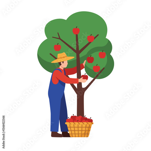 A farmer picking ripe apples from a tree in a vibrant orchard, showcasing a flat design style, featuring lively colors and cheerful atmosphere in vector art
