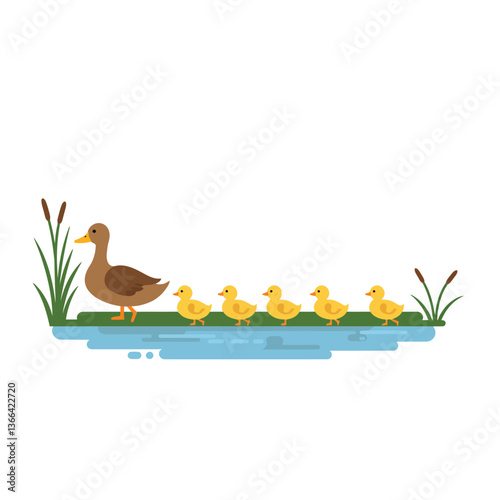A mother duck leading her vibrant yellow ducklings across a serene blue pond in flat vector art