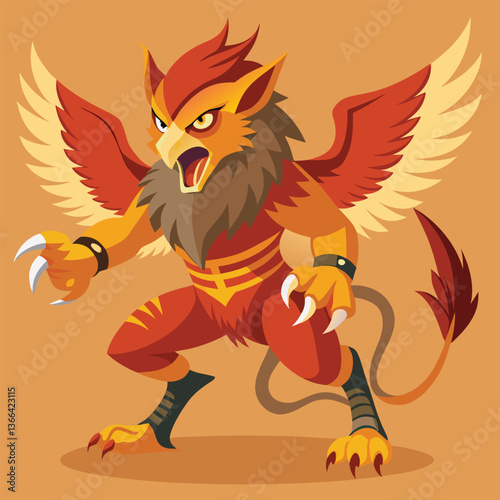 Majestic Red and Gold Griffin Illustration | Mythical Creature Art