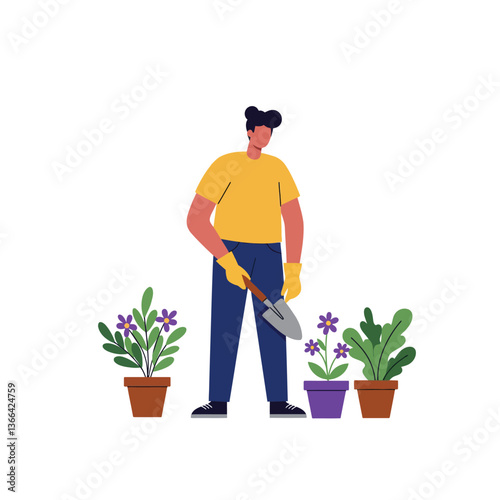 A person gardening with a trowel, wearing gloves and a yellow shirt, tending to vibrant potted plants in a flat vector illustration