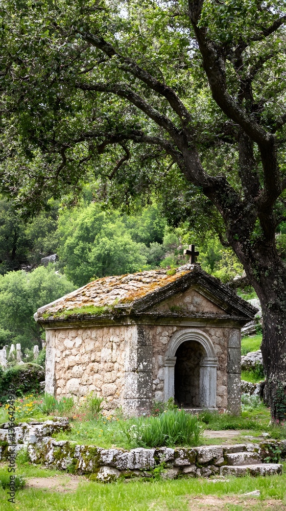 Ancient Stone Chapel in Lush Green Forest, Medieval Architecture, Religious Building Ancient Stone Chapel in Lush Green Forest, Medieval Architecture, Religious Building