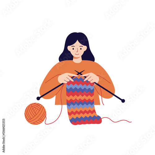 A woman knitting a colorful scarf with vibrant yarn, showcasing her skill in flat vector art style, exuding creativity and relaxation in a cozy setting vector illustration