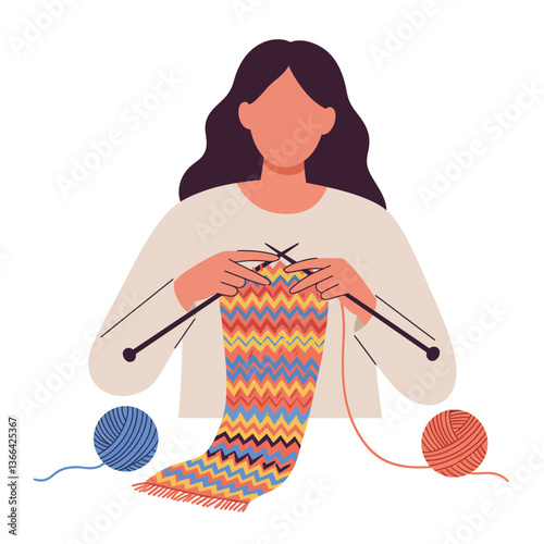 Woman knitting a colorful scarf with knitting needles in a flat, minimal design vector illustration