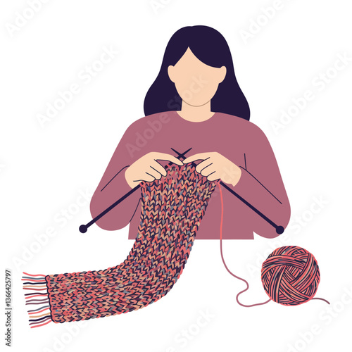 A woman knitting a colorful scarf with knitting needles in a flat and minimal design style, showcasing creativity and relaxation in vector art