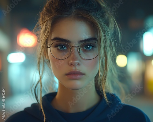Young woman with glasses in city lights