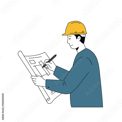 Construction worker analyzing blueprints while wearing a hard hat in a flat, minimal style vector illustration