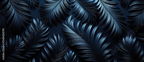 Elegant blue-tinted palm leaf pattern on dark navy background with thin wavy lines creating a sophisticated 3D effect, featuring silver highlights. Generative AI.