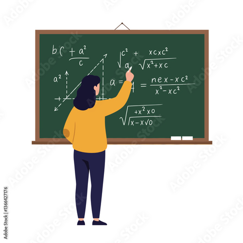 Teacher explaining mathematical equations on a green chalkboard, showcasing flat design style, in a classroom setting, creating an engaging educational atmosphere, vector illustration