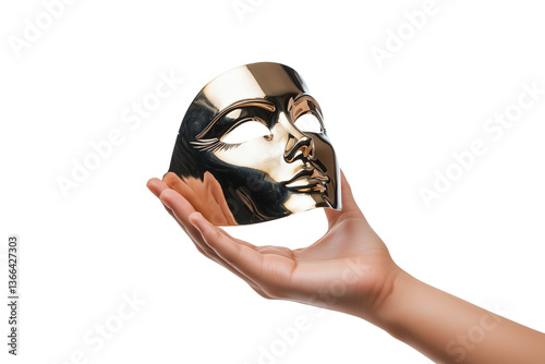 Hand holding a golden mask, symbol of mystery and disguise photo
