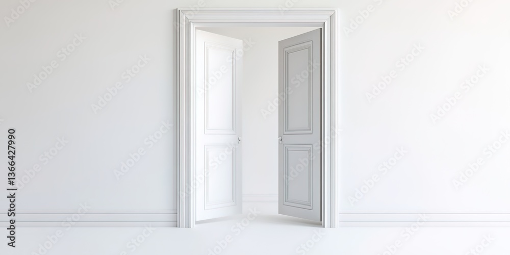 An open white double door, with a white door frame and walls featuring decorative molding, creating a simple and elegant indoor atmosphere An open white double door, with a white door frame and walls featuring decorative molding, creating a simple and elegant indoor atmosphere