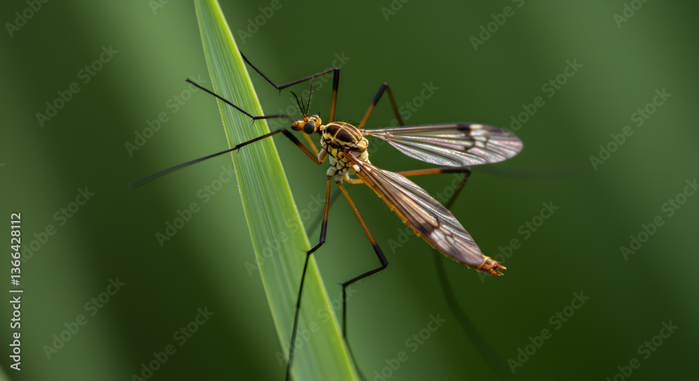 Fototapeta premium Detailed macro shot showcasing a crane fly resting on a vibrant green blade