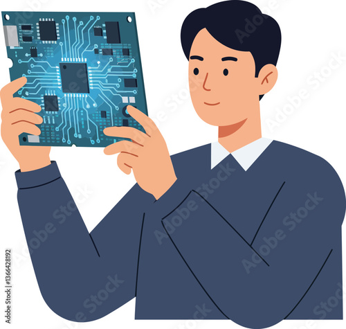 Enthusiastic young man examining a detailed circuit board design in a flat vector illustration showcasing technology and innovation